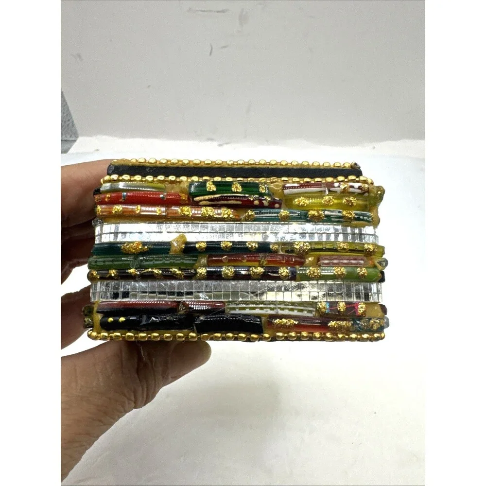 Pier 1 Imports Glass Beads Mirror’s Trinket Box Boho  Multicolored 3x2